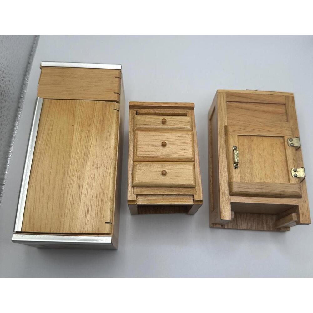Vintage Wooden Kitchen Dollhouse Furniture, Refrigerator, Ice Box, Cabinet